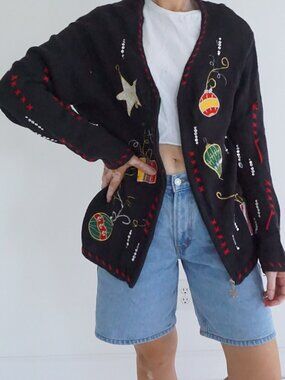 Vintage Holiday Editions Black Ornament Star Sequin Ugly Christmas Cardigan M
